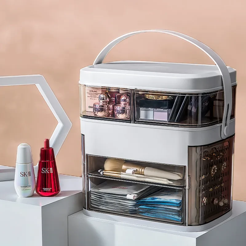 Organizador de maquillaje con espejo y luz LED, gran capacidad, joyero.