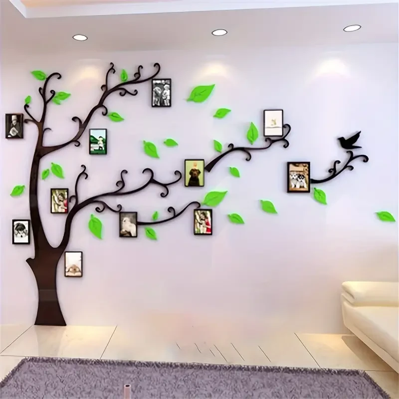 Calcomanía de pared de árbol 3D DIY con marcos de fotos - Mural familiar en verde pastel