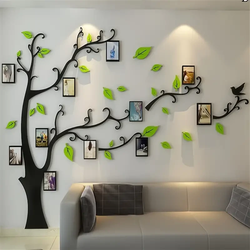 Calcomanía de pared de árbol 3D DIY con marcos de fotos - Mural familiar en verde pastel