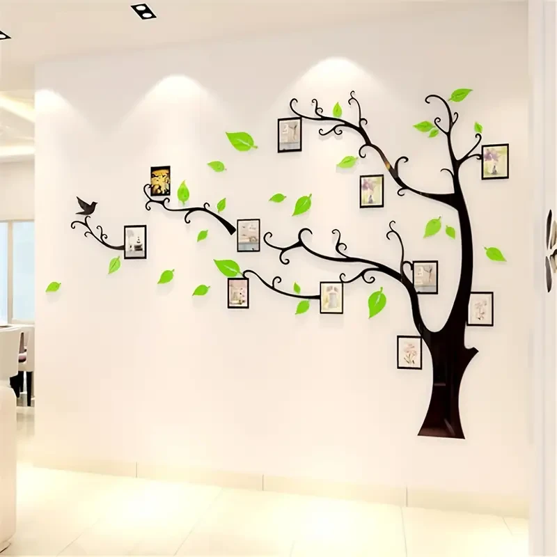 Calcomanía de pared de árbol 3D DIY con marcos de fotos - Mural familiar en verde pastel