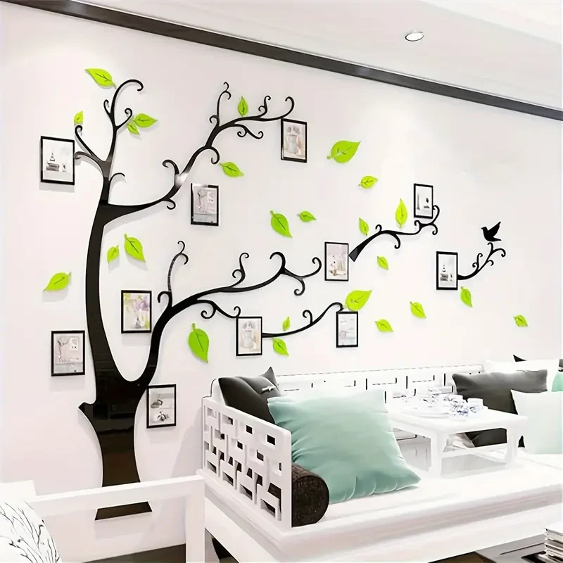 Calcomanía de pared de árbol 3D DIY con marcos de fotos - Mural familiar en verde pastel