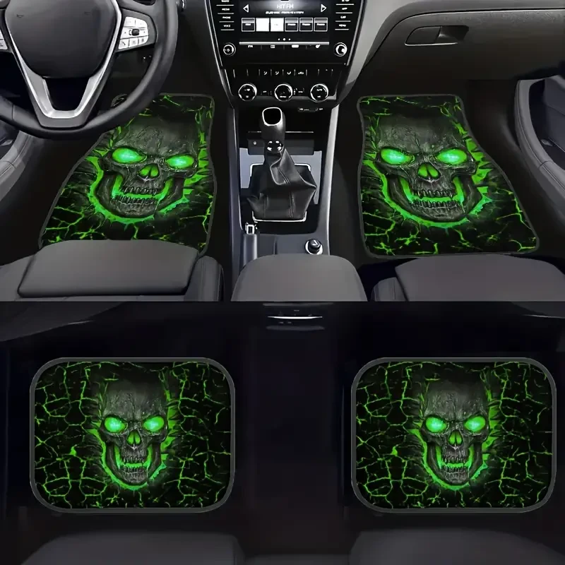 Juego de alfombrillas para coche con diseño de calavera: antideslizantes y absorbentes, 4 unidades