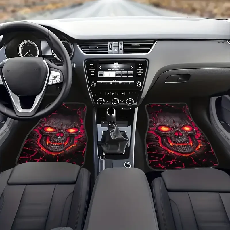 Juego de alfombrillas para coche con diseño de calavera: antideslizantes y absorbentes, 4 unidades