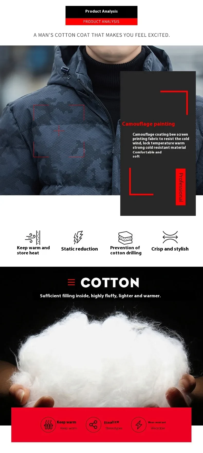 Chaqueta acolchada de algodón para hombre con gorro desmontable de invierno