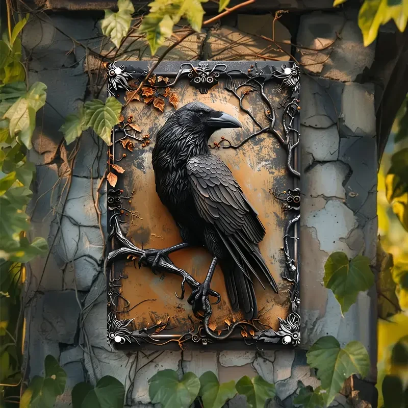 Letrero de metal con diseño de cuervo