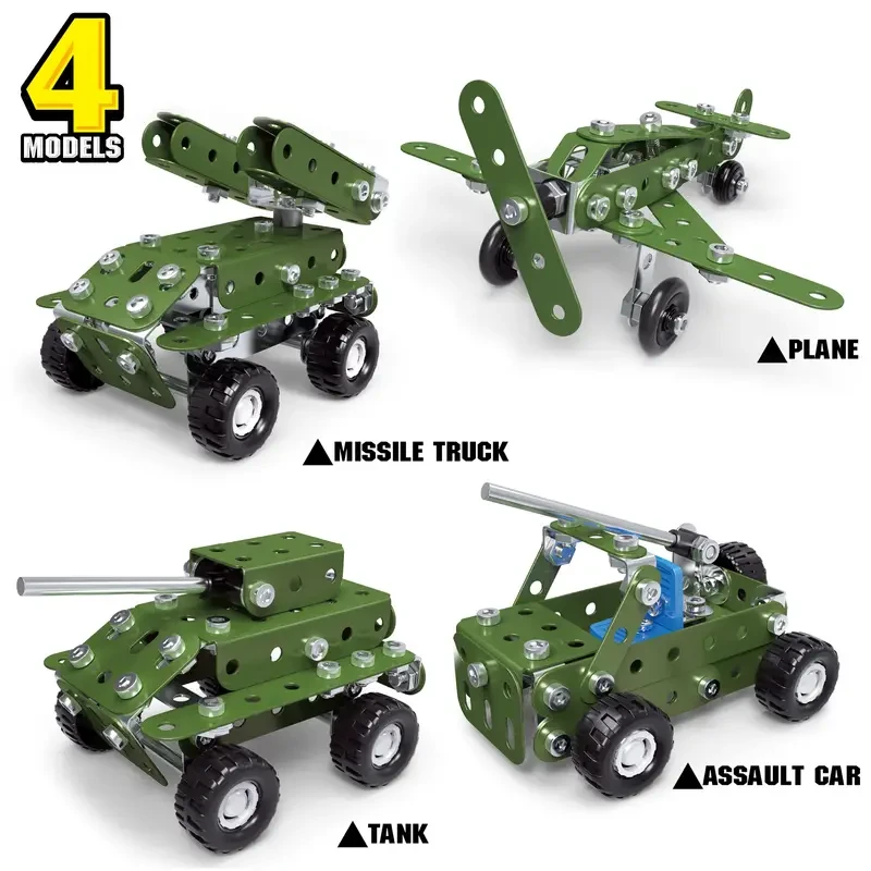 166 piezas de construcción de metal de la serie militar, juguetes de ensamblaje para niños, set de construcción de vehículos militares, regalo de vapor para maqueta militar (sin motor), regalo de Halloween, Acción de Gracias y Navidad.