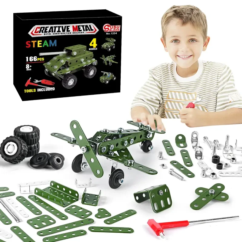 166 piezas de construcción de metal de la serie militar, juguetes de ensamblaje para niños, set de construcción de vehículos militares, regalo de vapor para maqueta militar (sin motor), regalo de Halloween, Acción de Gracias y Navidad.