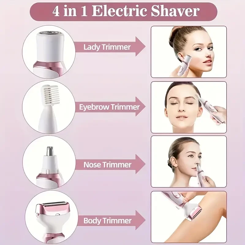 Kit de afeitadora eléctrica de precisión 4 en 1 para mujer: recortadora de vello facial, de axilas, de piernas y de bikini. Cuidado suave de cejas y vello nasal. Regalo ideal para ella y para celebrar el Día de la Madre.