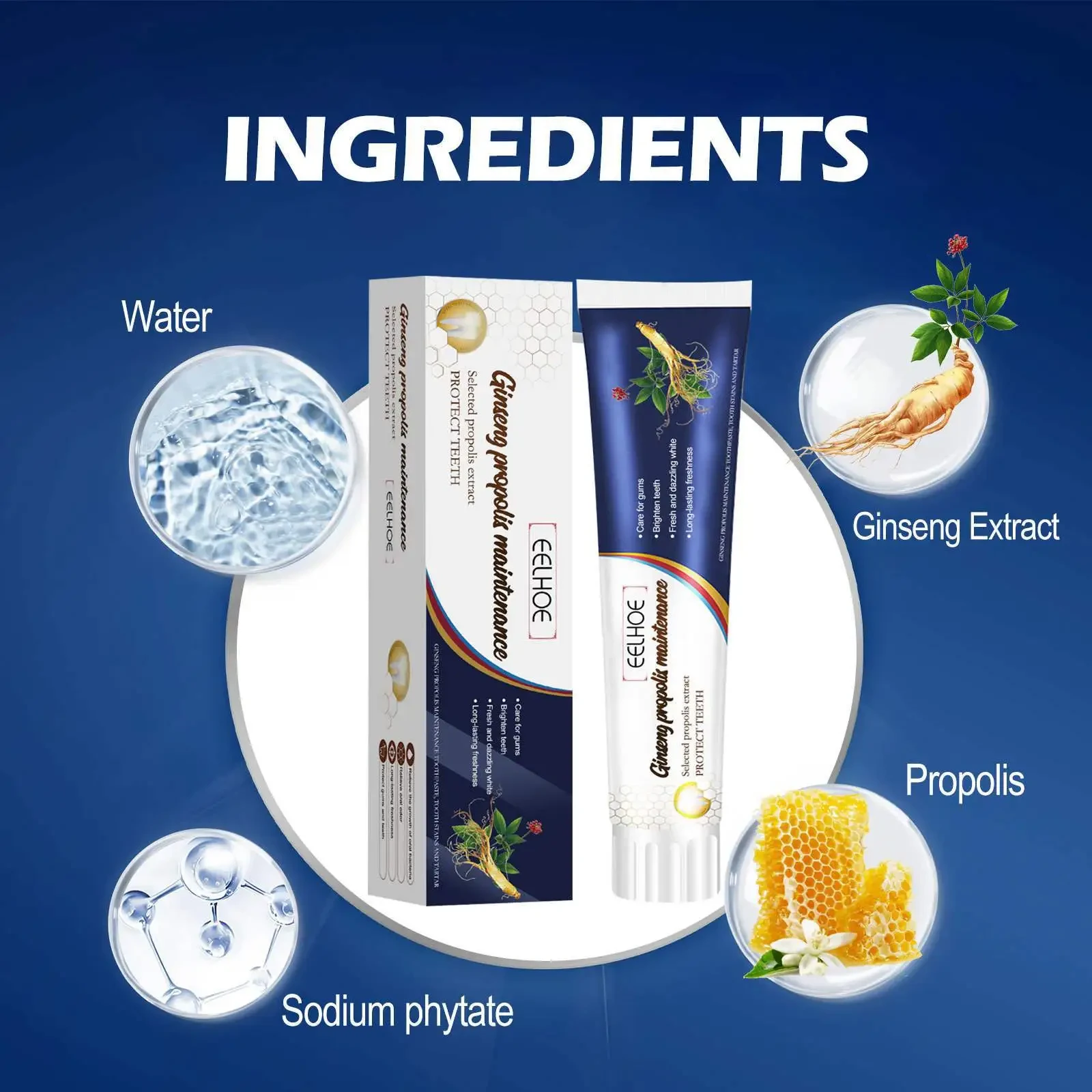 Pasta dental blanqueadora con ginseng y propóleo que limpia manchas y mal olor bucal. Pasta dental blanqueadora para dientes y encías.