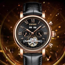 Reloj mecánico automático para hombre con correa de cuero auténtico y hueco.