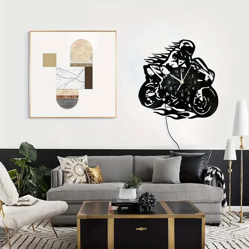 Reloj de pared de vinilo con temática de motocicleta: decoración silenciosa y elegante