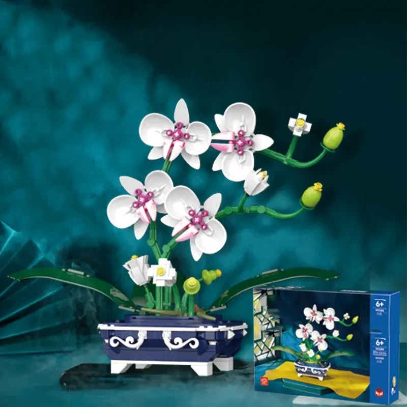 Rompecabezas de bloques de construcción de orquídeas y adornos en maceta