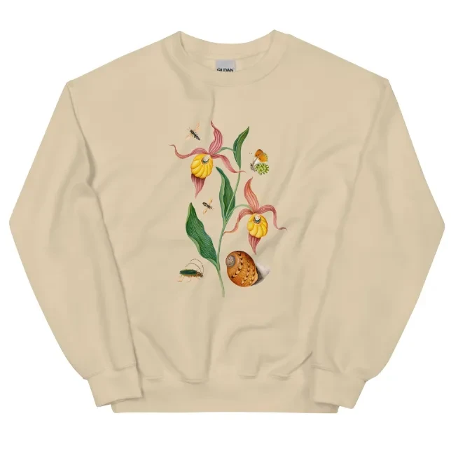 Sudadera con estampado floral de orquídea y amigos, estilo europeo y americano, cuello redondo, otoño e invierno.