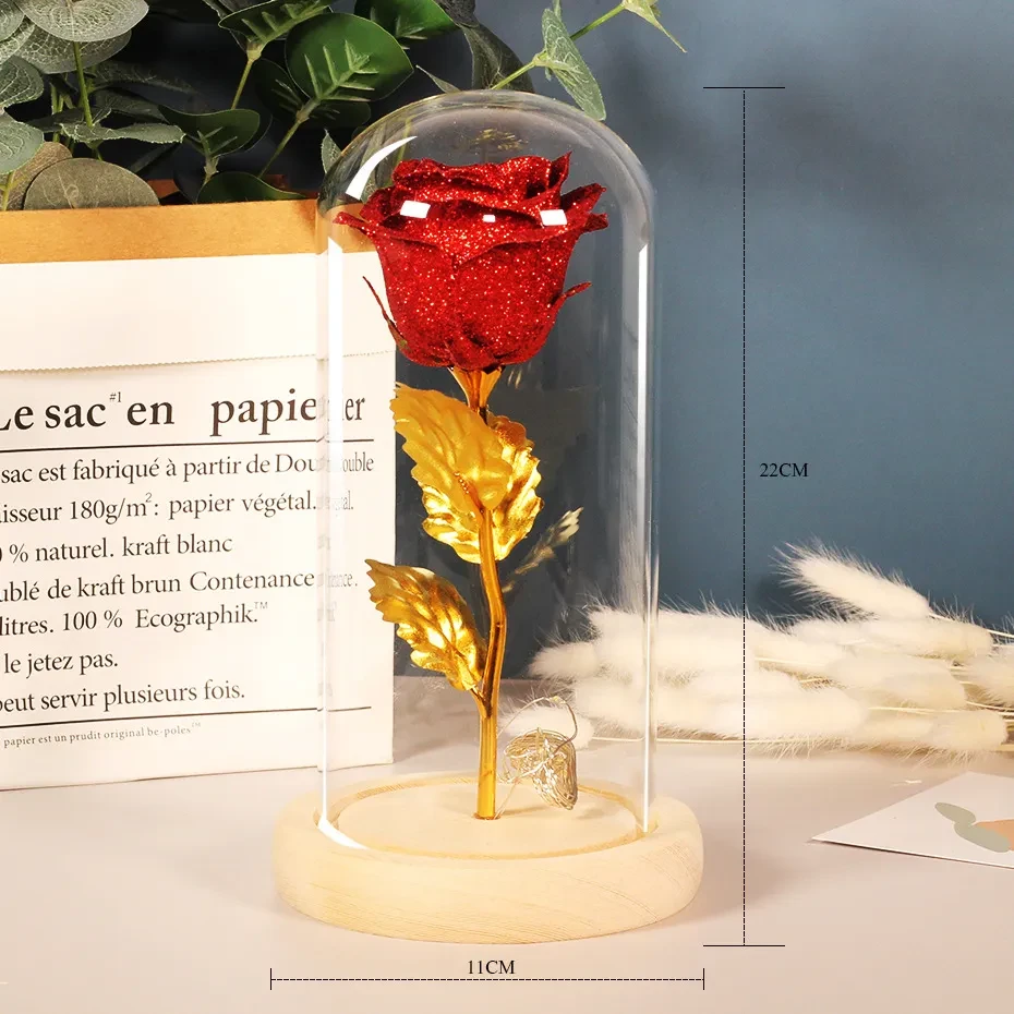 Luz LED con rosas eternas en cubierta de vidrio
