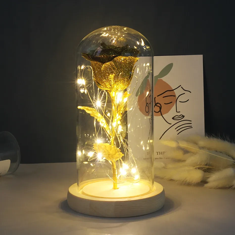Luz LED con rosas eternas en cubierta de vidrio