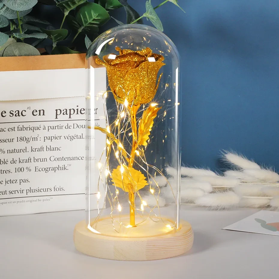 Luz LED con rosas eternas en cubierta de vidrio