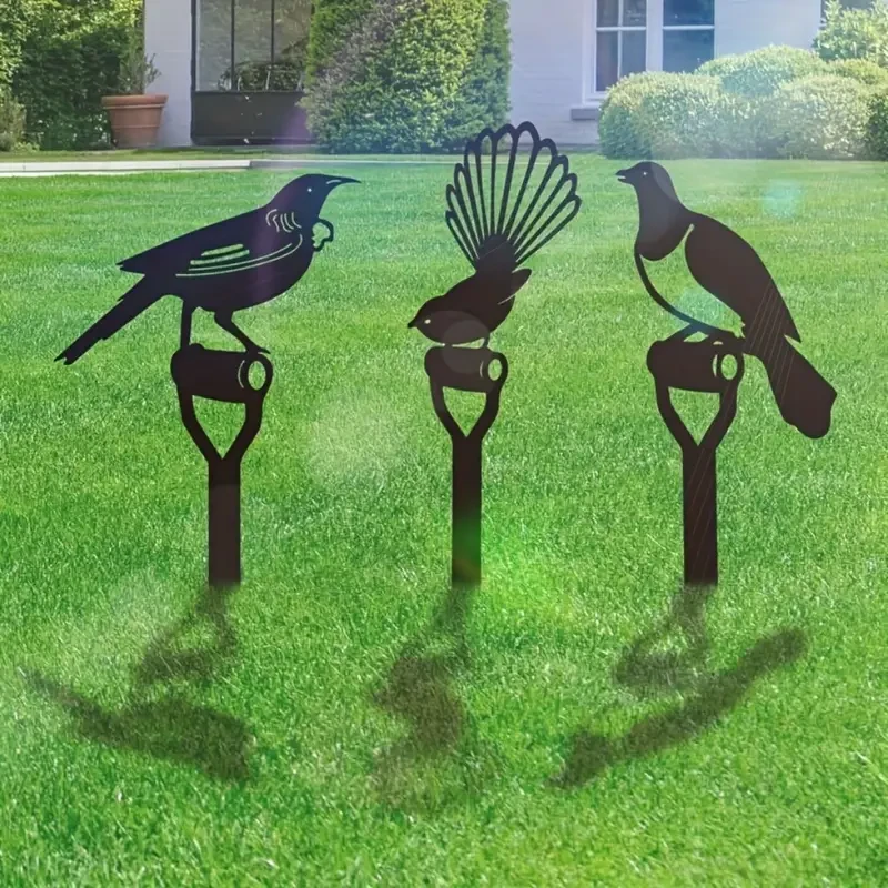 Encantadoras 3 estacas de metal para jardín con forma de familia de pájaros, para decoración de patio y césped al aire libre