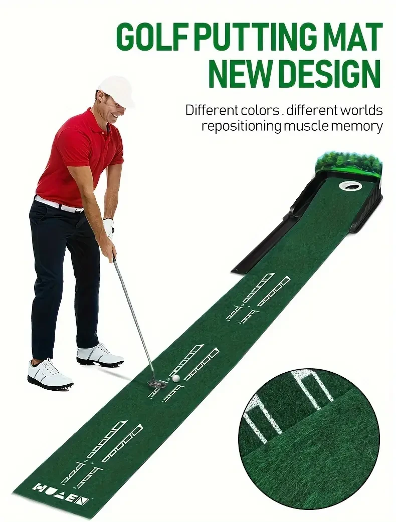HUAEN GOLF ACCELERATOR PRO - Tapete de putting para interiores con retorno automático de bolas y recolector de bolas detrás del hoyo - Guías de alineación de putters a 90 cm, 150 cm y 210 cm