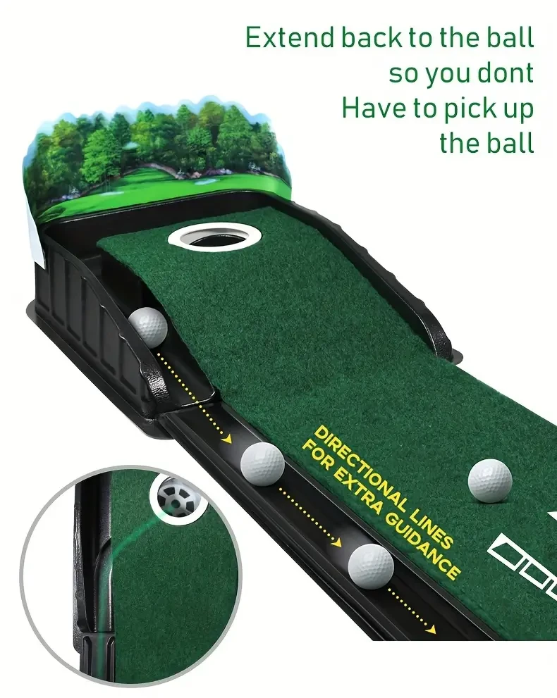 HUAEN GOLF ACCELERATOR PRO - Tapete de putting para interiores con retorno automático de bolas y recolector de bolas detrás del hoyo - Guías de alineación de putters a 90 cm, 150 cm y 210 cm