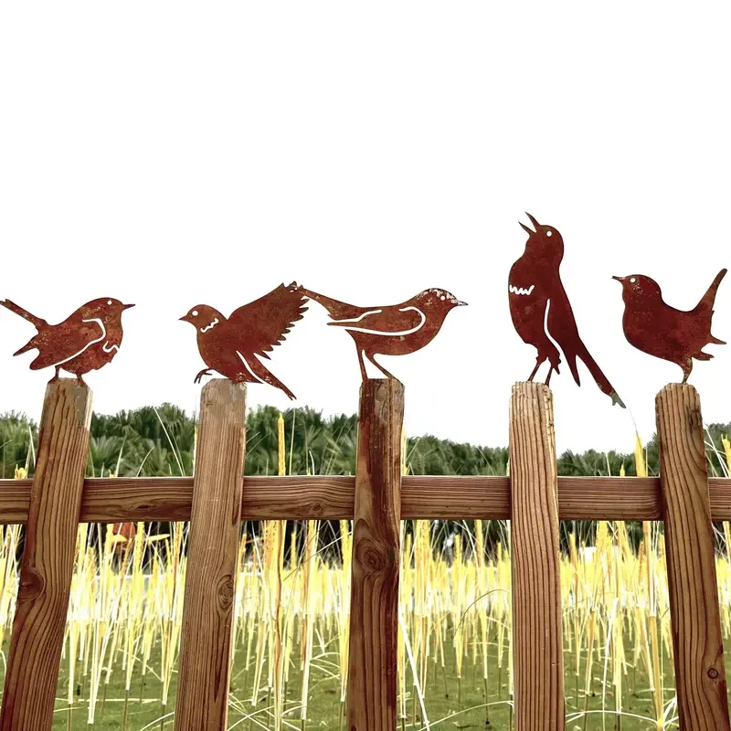Juego de 5 pájaros de metal oxidado para decoración de jardín y patio al aire libre