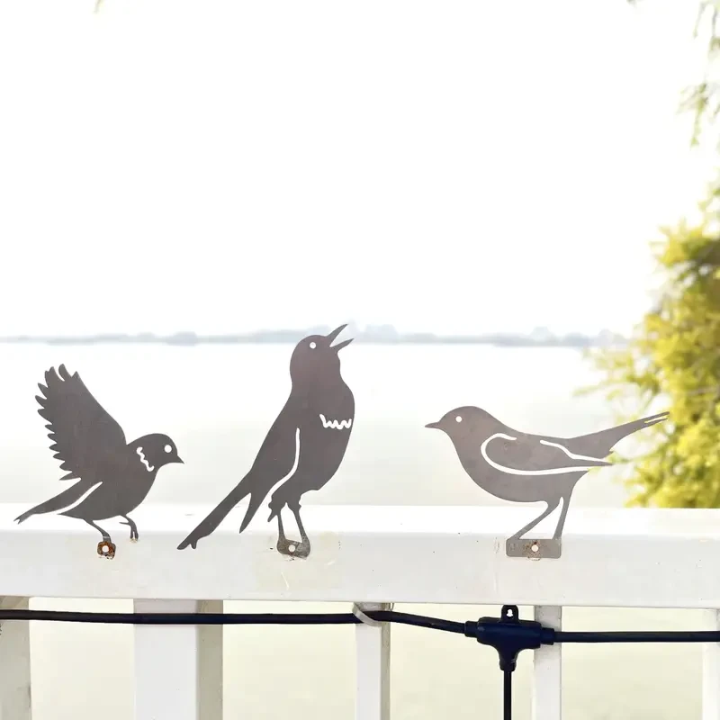 Juego de 5 pájaros de metal oxidado para decoración de jardín y patio al aire libre