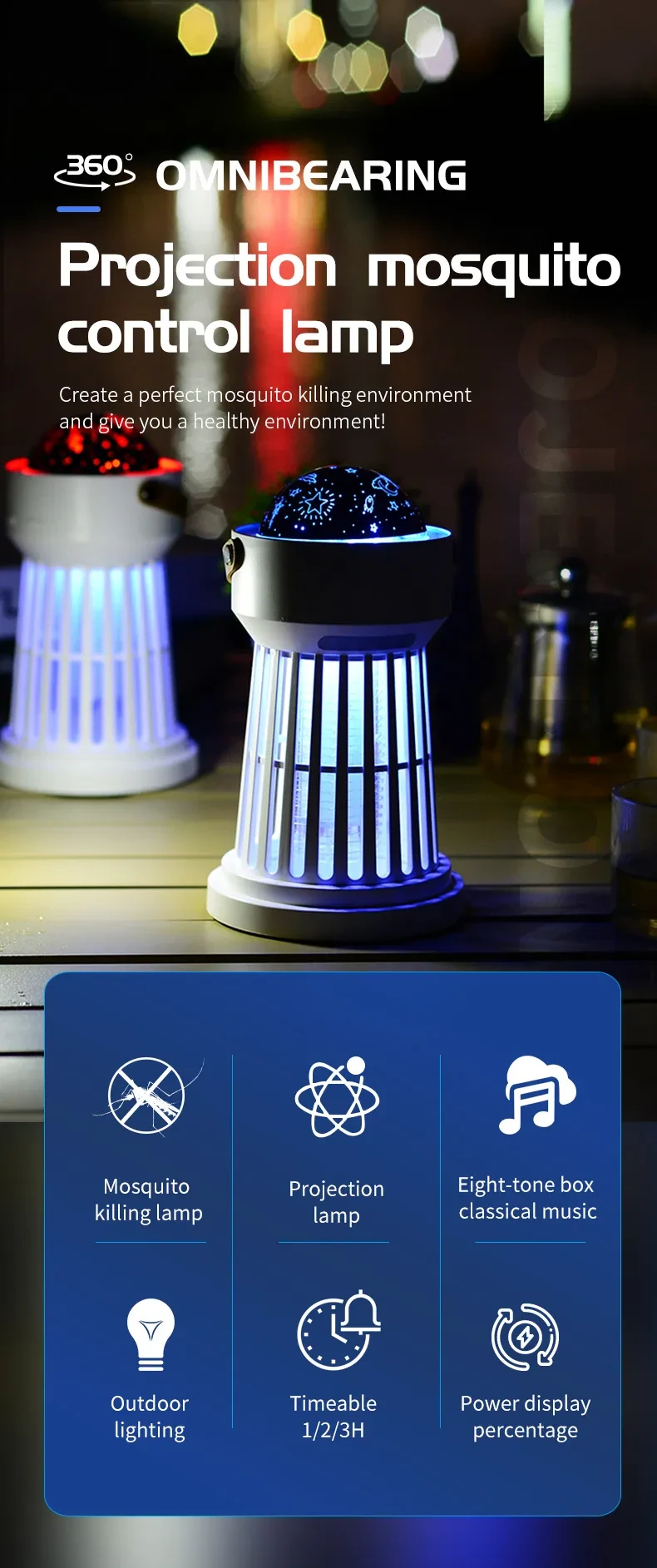 Lámpara eléctrica antimosquitos 2 en 1 con proyección de estrellas para techo, ideal para exteriores e interiores.