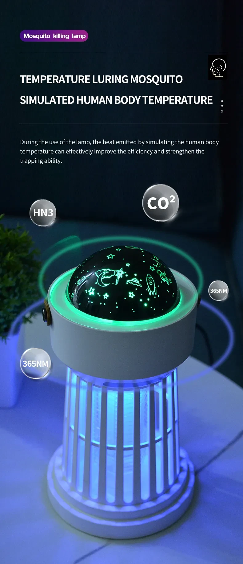 Lámpara eléctrica antimosquitos 2 en 1 con proyección de estrellas para techo, ideal para exteriores e interiores.