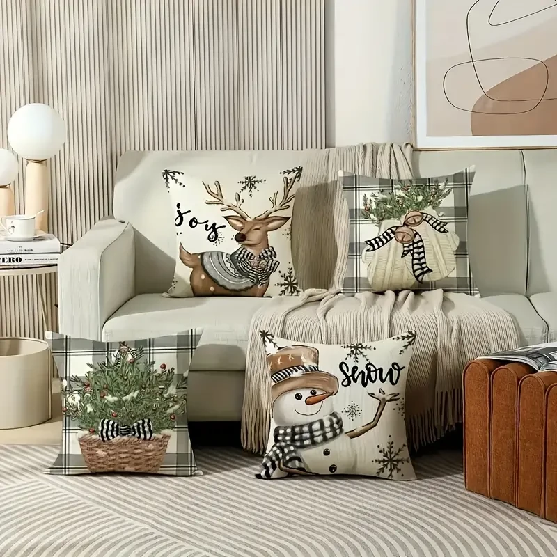 Funda de almohada navideña de invierno con estampado de alce y nieve, ideal para decoración de sofá y dormitorio, 45,72 x 45,72 cm, 4 piezas