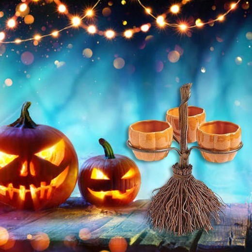 Estante para aperitivos de calabaza y escoba de Halloween, decoración para el hogar