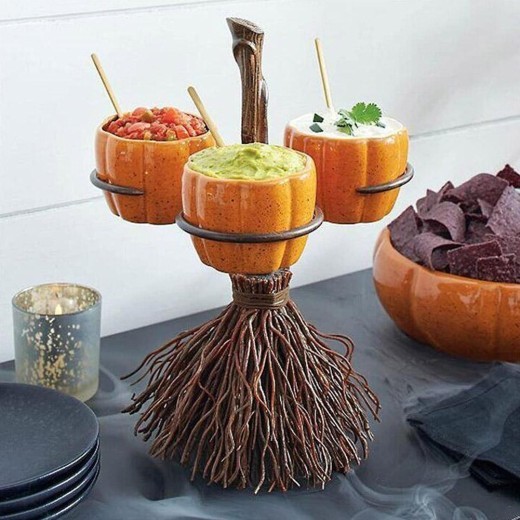 Estante para aperitivos de calabaza y escoba de Halloween, decoración para el hogar