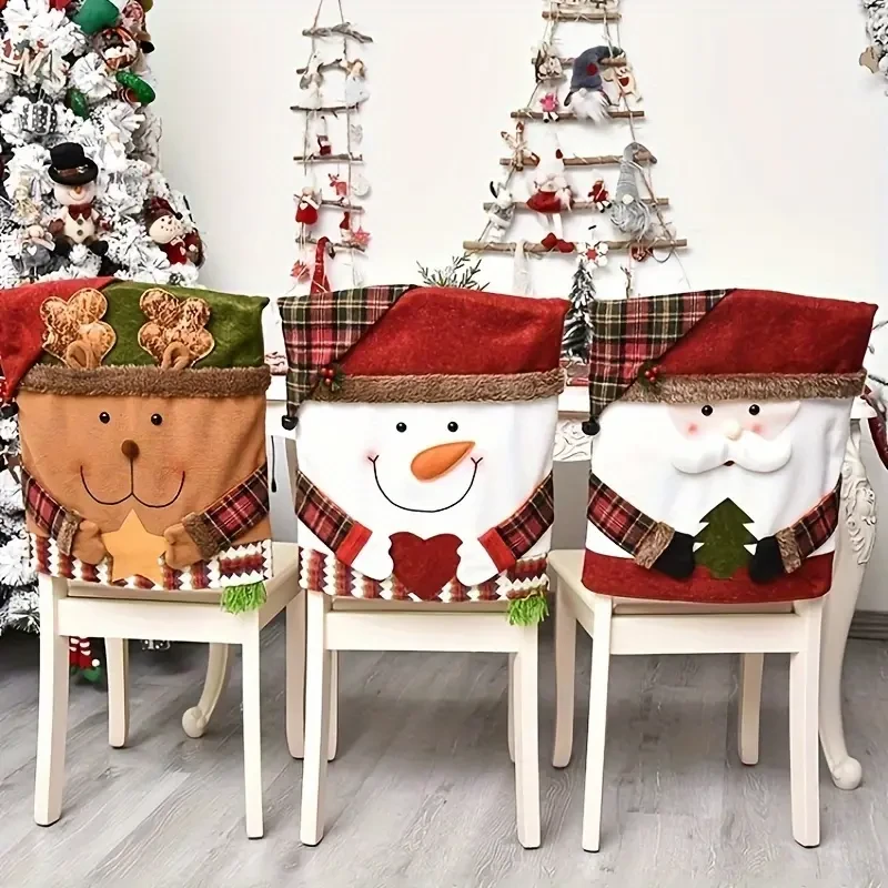 Paquete de 3 fundas navideñas para sillas: fundas festivas para sillas de comedor, ideales para decoración navideña, para el hogar y restaurantes, con diseños variados de personajes invernales.