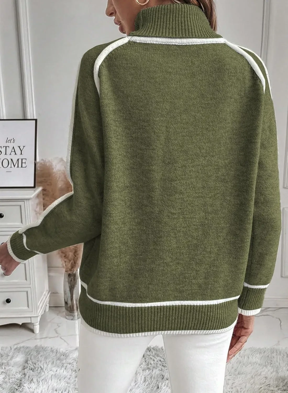 Top de punto de cuello alto informal a juego de color liso para mujer