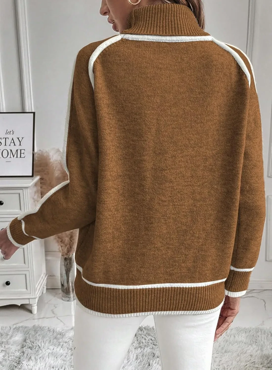 Top de punto de cuello alto informal a juego de color liso para mujer