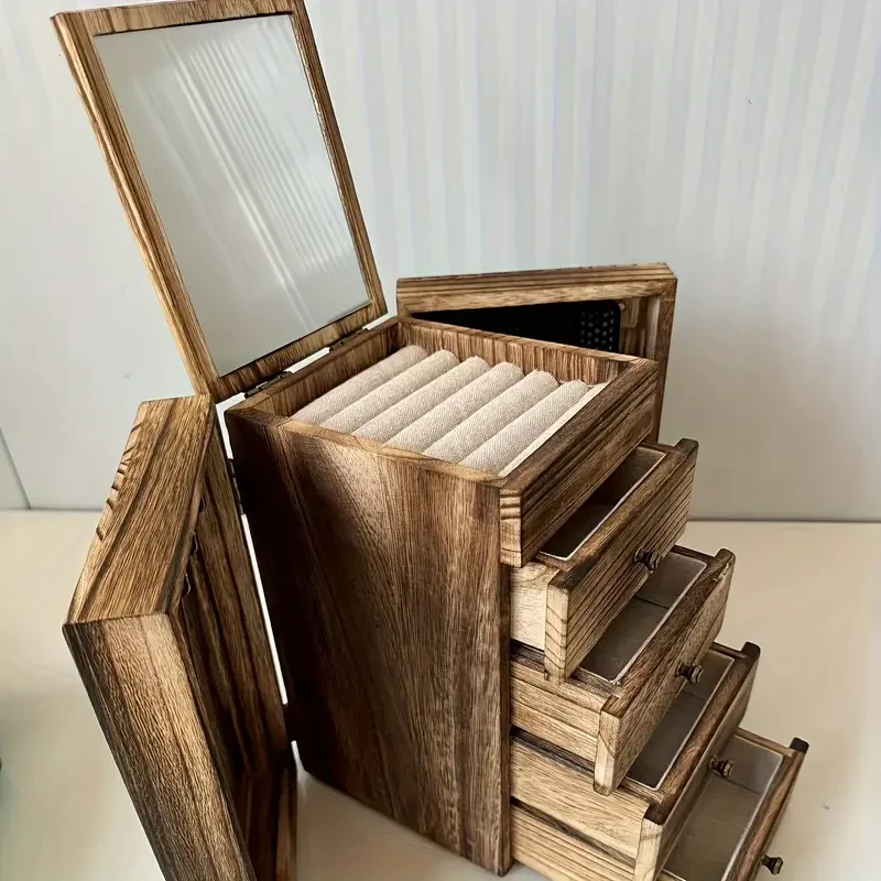 Organizador de joyas de madera vintage con tapa transparente