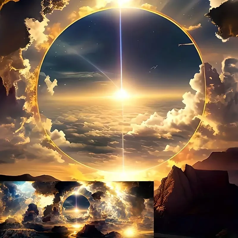 Póster de lienzo con un cielo impresionante, pintura al óleo de nubes, montañas y ríos.