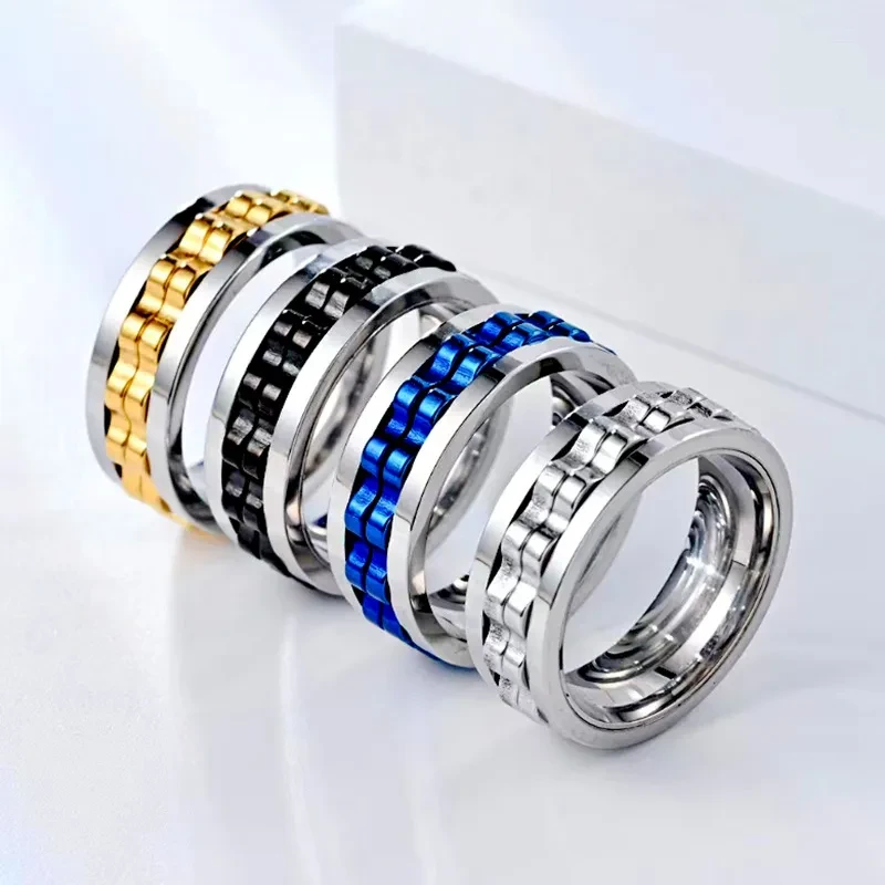 Anillo giratorio de titanio con textura cuadrada para hombre, de acero inoxidable pulido, con engranajes giratorios, para la ansiedad y la ansiedad.