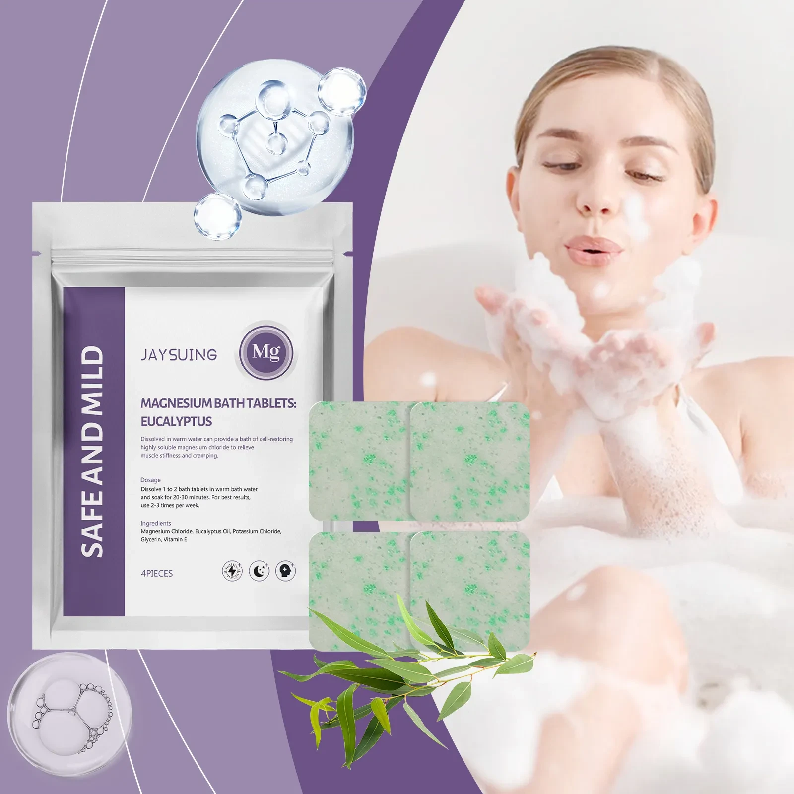 Comprimidos de baño con aceite esencial de eucalipto y magnesio para una limpieza corporal suave