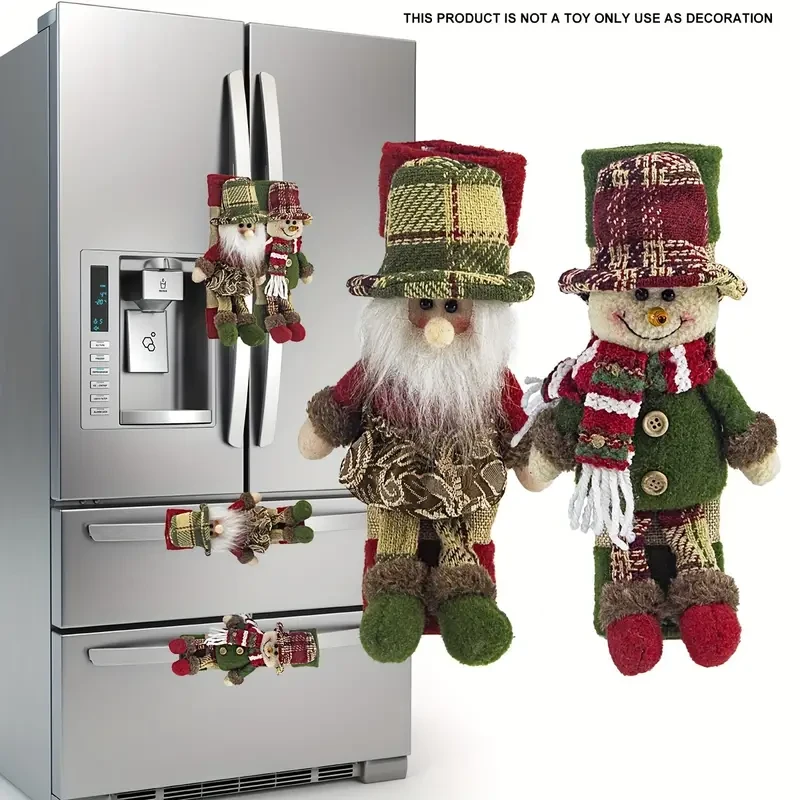 Paquete de 2 fundas navideñas para manijas de puerta de refrigerador, de tela a cuadros vintage con diseño de Papá Noel y muñeco de nieve, de poliéster, no eléctricas, para refrigerador, microondas y lavavajillas - Suministros universales para fiestas de 