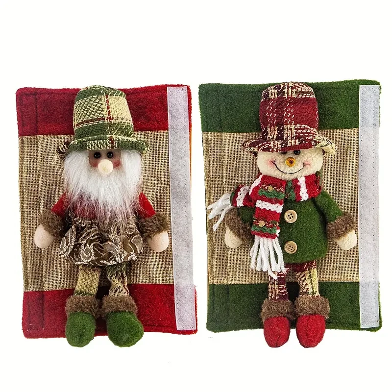 Paquete de 2 fundas navideñas para manijas de puerta de refrigerador, de tela a cuadros vintage con diseño de Papá Noel y muñeco de nieve, de poliéster, no eléctricas, para refrigerador, microondas y lavavajillas - Suministros universales para fiestas de 
