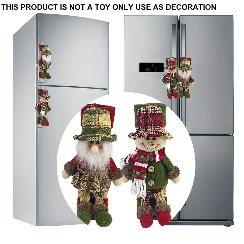 Paquete de 2 fundas navideñas para manijas de puerta de refrigerador, de tela a cuadros vintage con diseño de Papá Noel y muñeco de nieve, de poliéster, no eléctricas, para refrigerador, microondas y lavavajillas - Suministros universales para fiestas de 