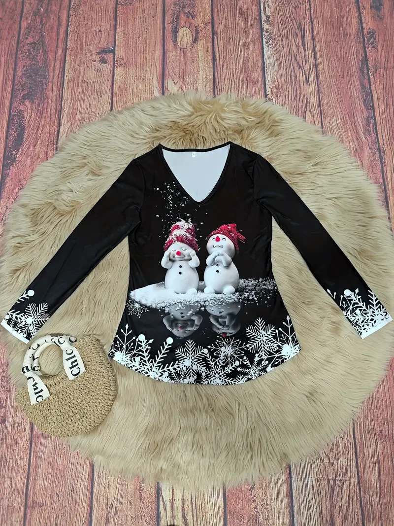 Camiseta festiva de manga larga con cuello en V para mujer. Tejido de poliéster suave, muy elástico, lavable a máquina y transpirable. Perfecta para otoño e invierno, uso diario informal, fiestas y actividades al aire libre.