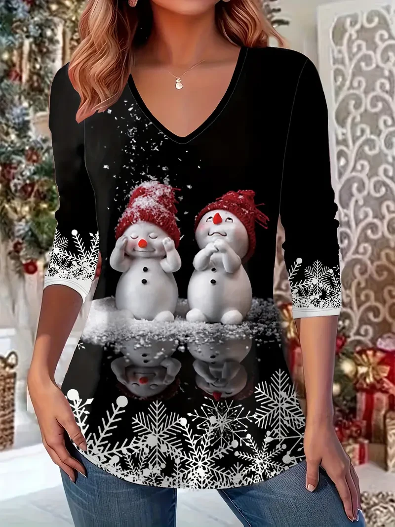 Camiseta festiva de manga larga con cuello en V para mujer. Tejido de poliéster suave, muy elástico, lavable a máquina y transpirable. Perfecta para otoño e invierno, uso diario informal, fiestas y actividades al aire libre.