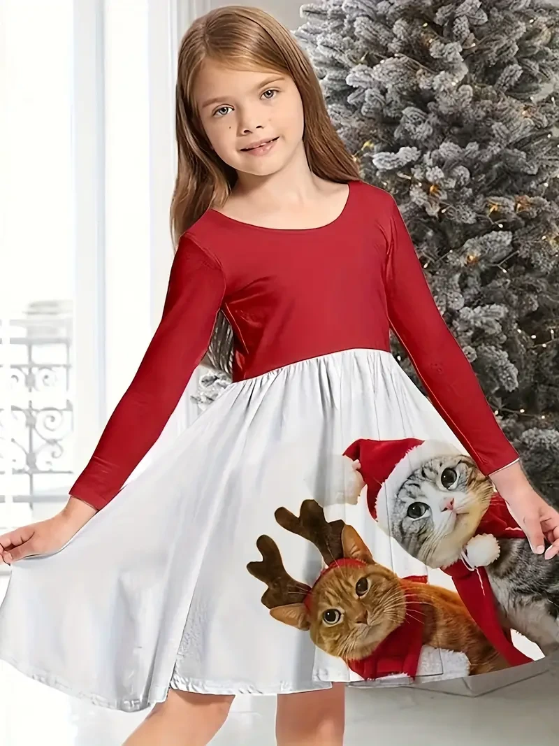 Vestidos de cuello redondo con estampado de renos de dibujos animados para niñas, regalo para niños, Navidad y Halloween