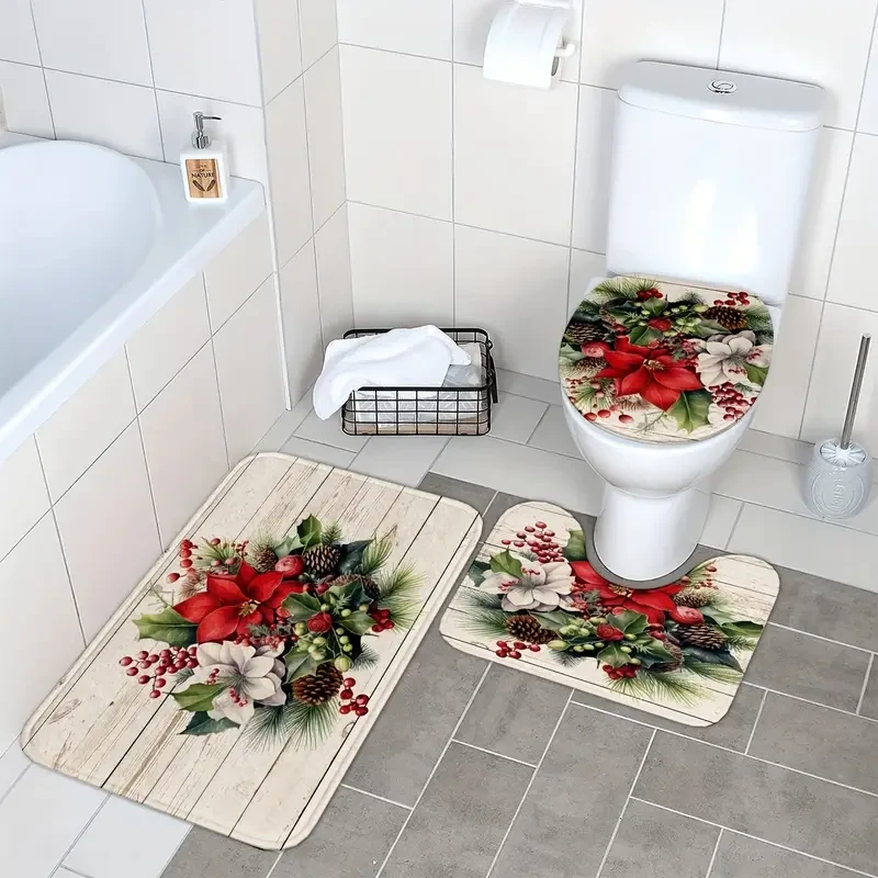 Juego de 3 alfombras de baño con diseño navideño de agujas de pino: suaves, lavables, antideslizantes y hechas a máquina. Incluye alfombrilla de baño en forma de U, alfombrilla de contorno y tapa de inodoro para decorar el baño y el dormitorio.
