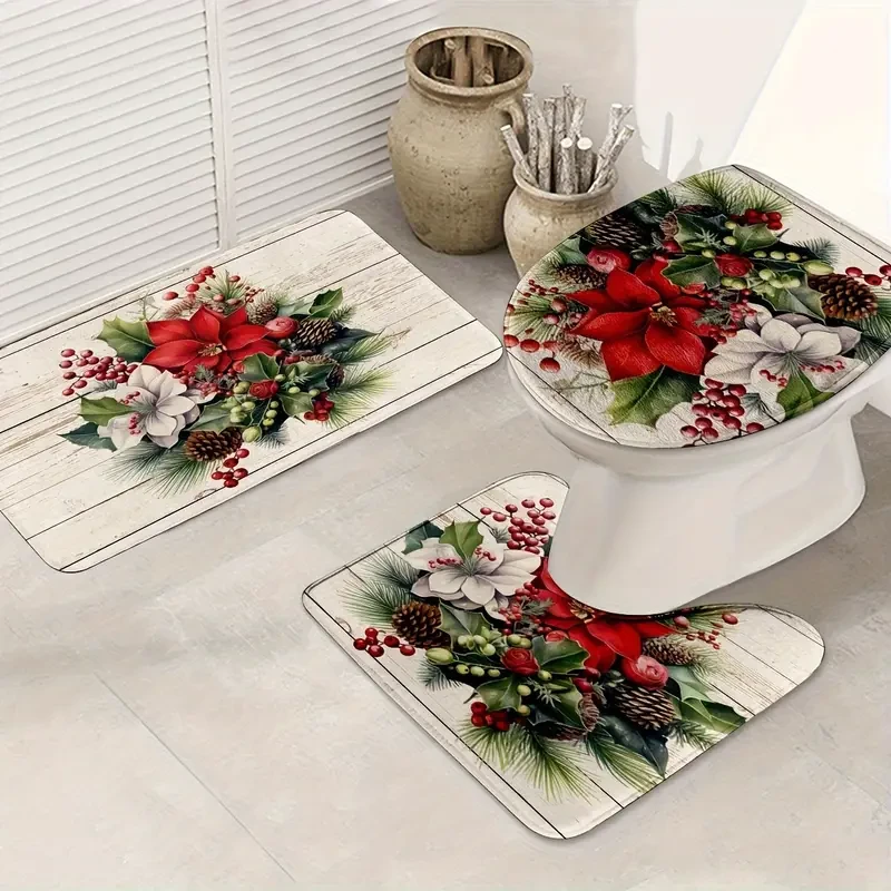 Juego de 3 alfombras de baño con diseño navideño de agujas de pino: suaves, lavables, antideslizantes y hechas a máquina. Incluye alfombrilla de baño en forma de U, alfombrilla de contorno y tapa de inodoro para decorar el baño y el dormitorio.