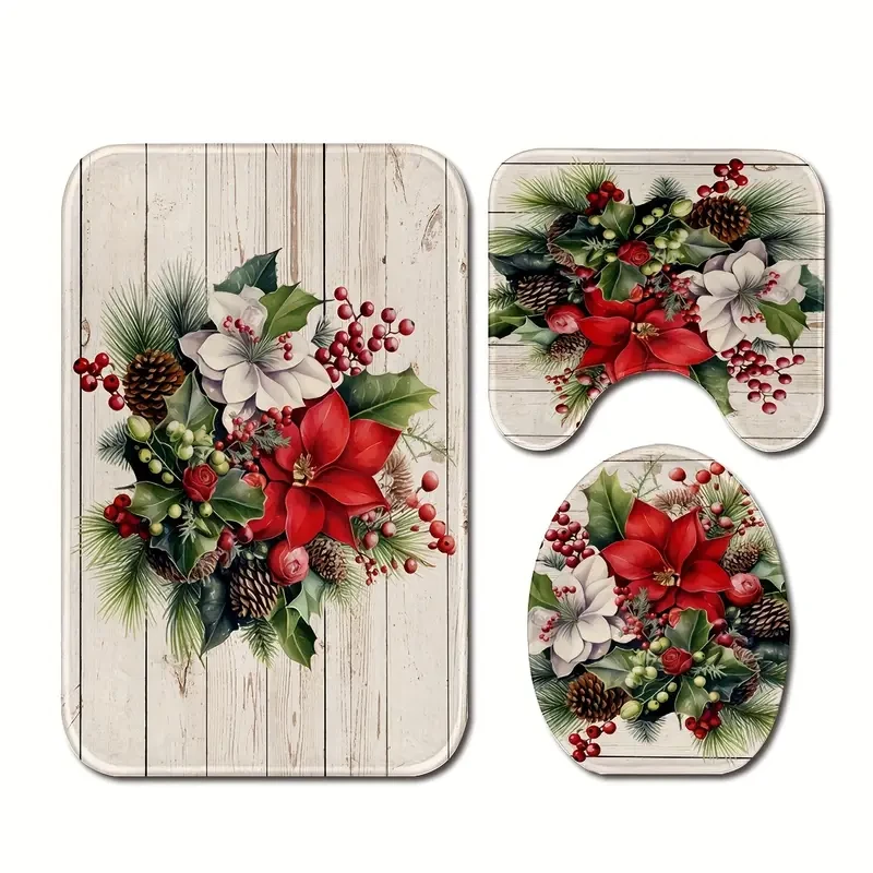 Juego de 3 alfombras de baño con diseño navideño de agujas de pino: suaves, lavables, antideslizantes y hechas a máquina. Incluye alfombrilla de baño en forma de U, alfombrilla de contorno y tapa de inodoro para decorar el baño y el dormitorio.
