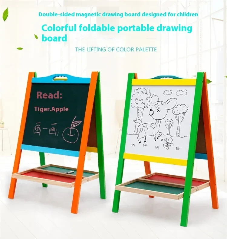 Tablero de dibujo magnético de madera de doble cara para niños