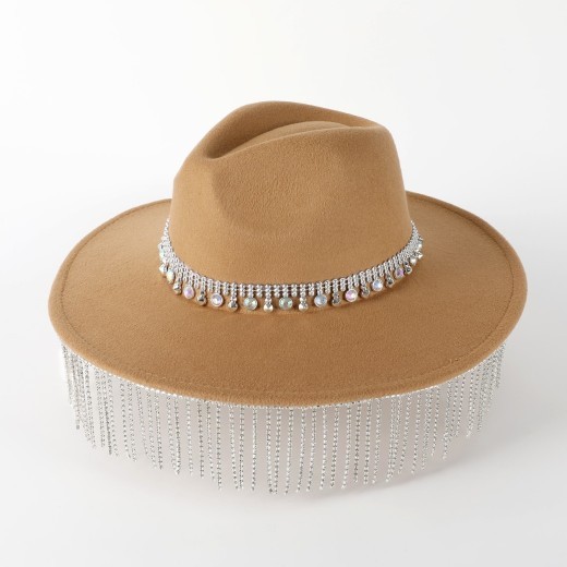 Sombrero de copa de ala ancha con colgante, sombrero fedora informal, sombrero de fieltro de piel para mujer