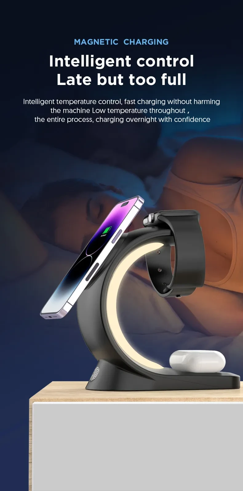 Cargador inalámbrico magnético 4 en 1, carga rápida para smartphones, estación de carga con luz ambiental para Airpods Pro, iPhone y reloj.