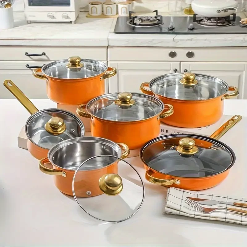 SENBOWE - Juego de utensilios de cocina de acero inoxidable de 12 piezas - Antiadherente, incluye sartén y tapas, perfecto para sopas y leche, utensilios de cocina multifuncionales, color naranja